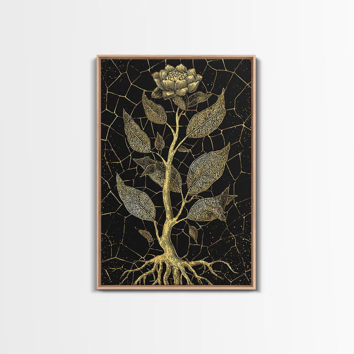 Gold Botanical Rose Canvas Print, Black And Gold Floral Line Art, Elegant Minimalist Wall Decor For Bedroom Home Decor Gift