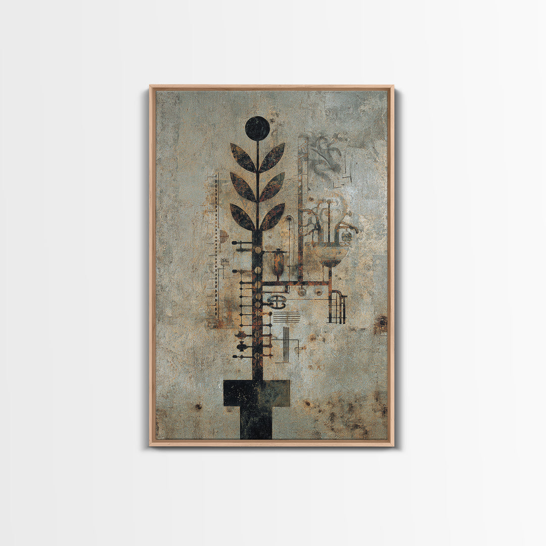 Rustic Industrial Botanical Wall Art, Abstract Plant Machinery Painting, Earth Tone Textured Art Print For Modern Office Decor
