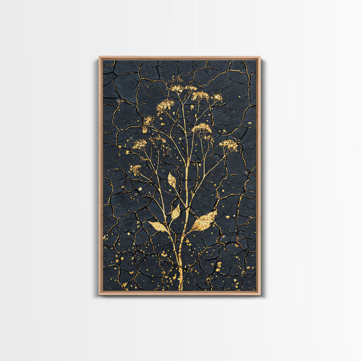 Gold Wildflower On Cracked Black Wall Art, Elegant Botanical Art Print, Black And Gold Design For Bedroom Home Decor Gift