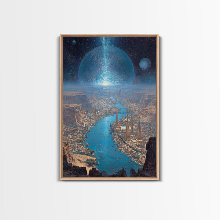 Afrofuturist Blue River City Under Planets Canvas Print, Sci Fi African Inspired Wall Art, Dreamy Landscape Home Decor Gift