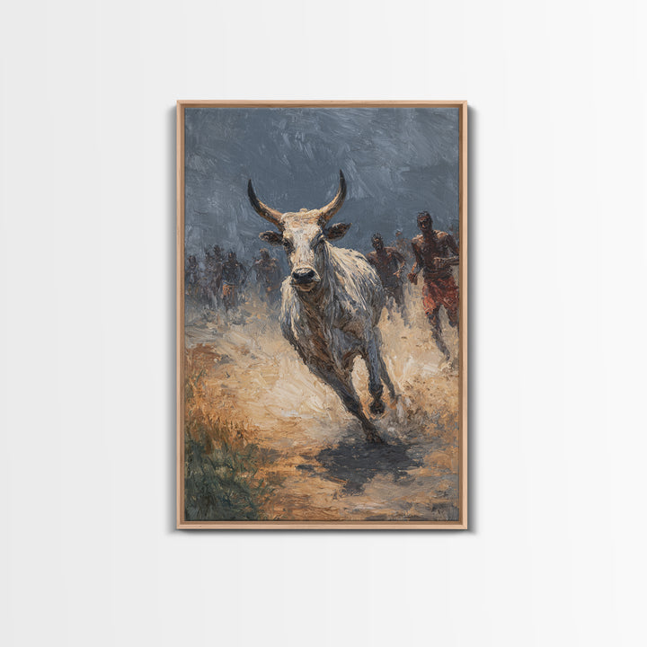 Charging White Bull And Dusty Runners Framed Canvas Print, African Warrior Art, Safari Cattle Race, Rustic Home Decor, Statement Wall Decor