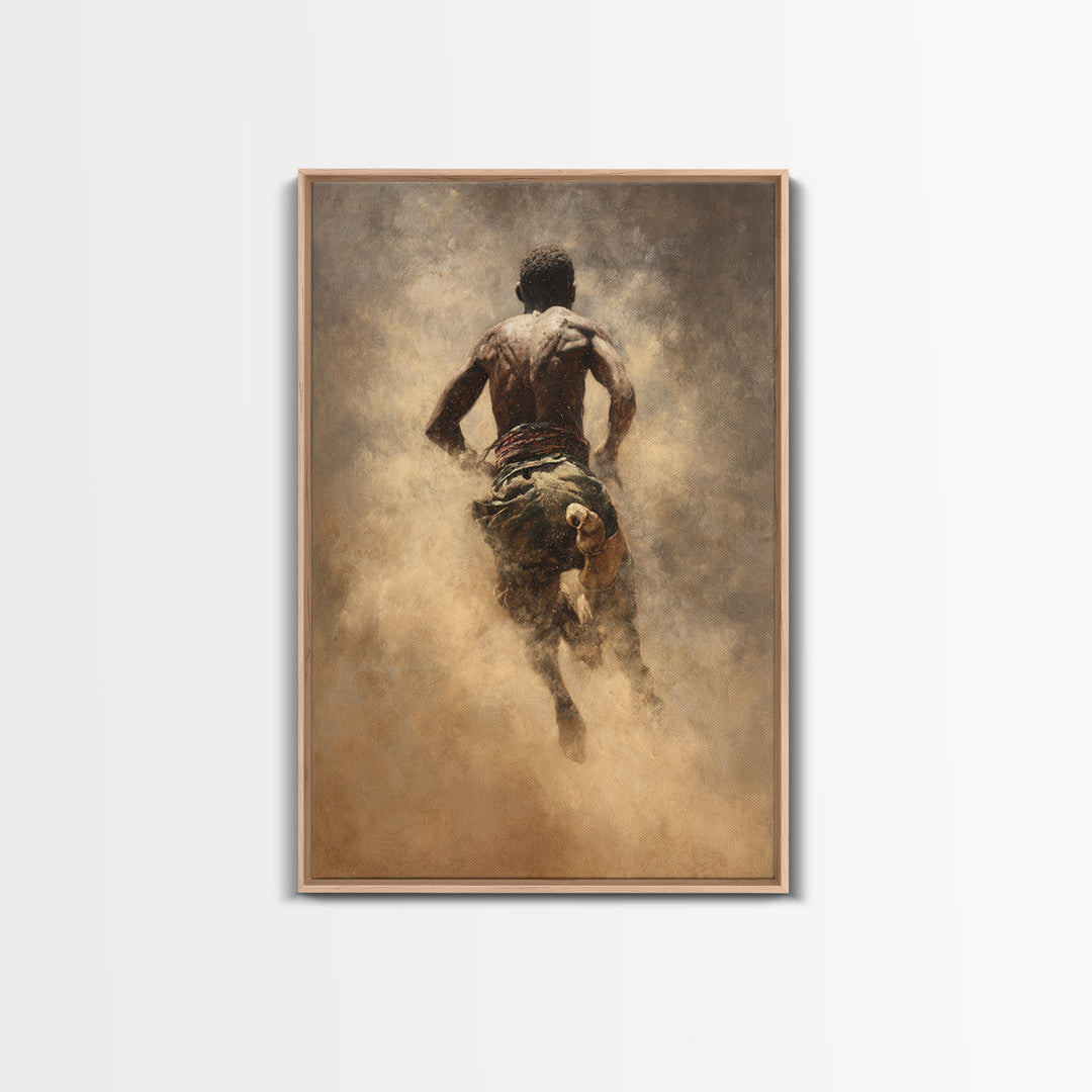Muscular African Runner In Golden Dust Canvas Print, Black Man Portrait, Warrior Athlete Art, Powerful Statement Wall Decor