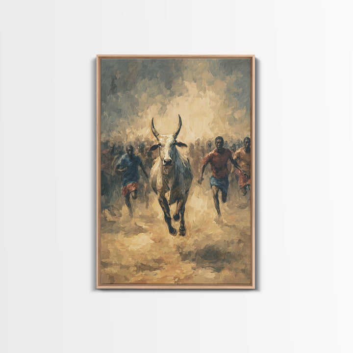 White Bull Racing Through Dust With Runners Framed Canvas Print, African Safari Art, Tribal Warrior Decor, Living Room Wall Art