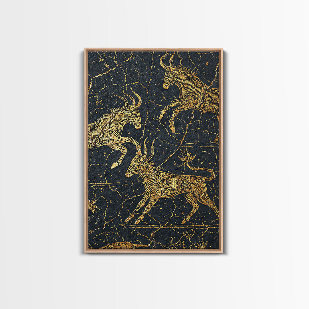 Gold Antelope Herd On Cracked Black Stone Canvas Print, African Animal Art, Tribal Line Drawing, Luxury Safari Wall Decor