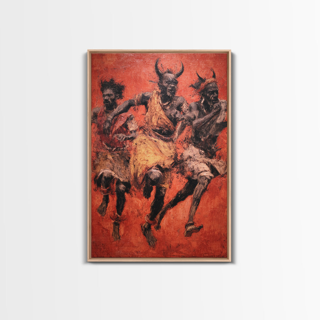 Red Ochre Tribal Dancers With Horned Masks Canvas Print, African Warrior Art, Cultural Wall Decor, Expressive Home Decor