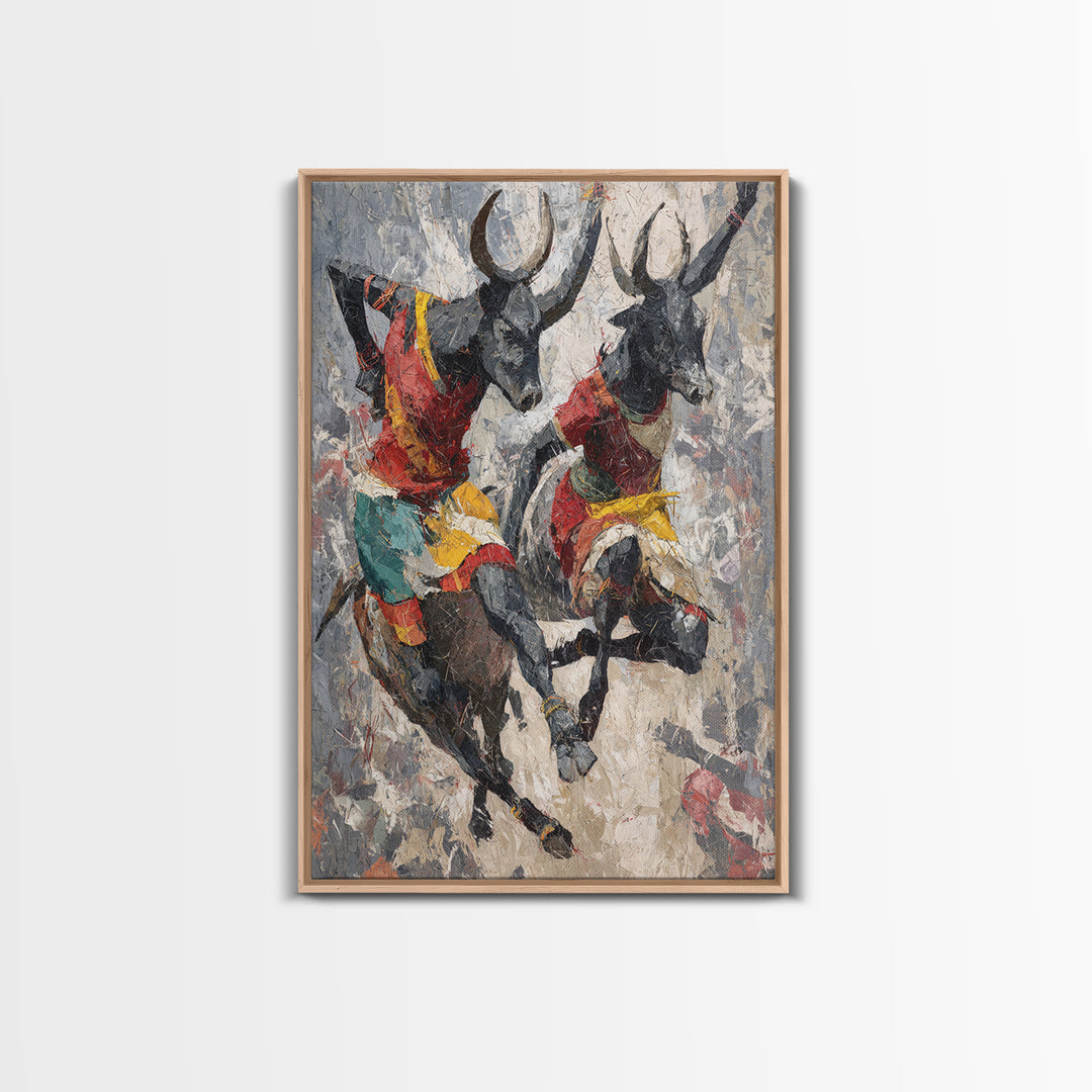 Colorful African Bull Riders Wall Art, Abstract African Art Print, Tribal Safari Decor, Cultural Living Room Canvas Gift