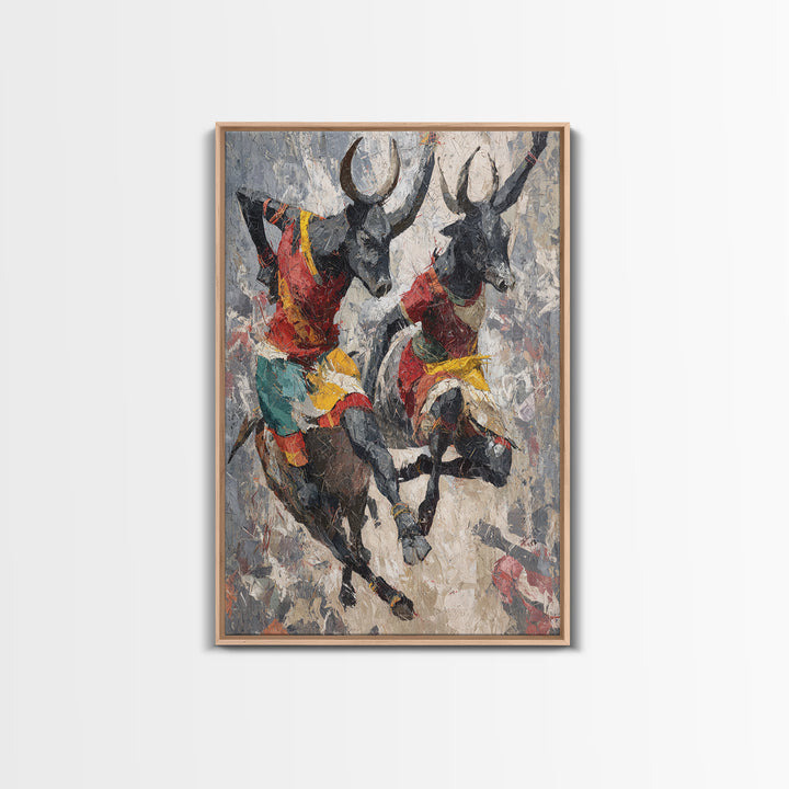 Colorful African Bull Riders Wall Art, Abstract African Art Print, Tribal Safari Decor, Cultural Living Room Canvas Gift