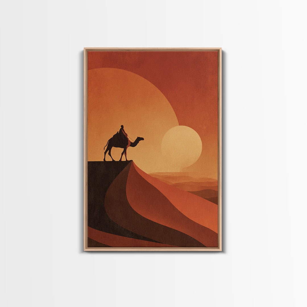Minimalist Camel Rider Canvas Print, Orange Desert Sun Wall Art, African Travel Poster, Boho Home Decor, Unique Gift Idea