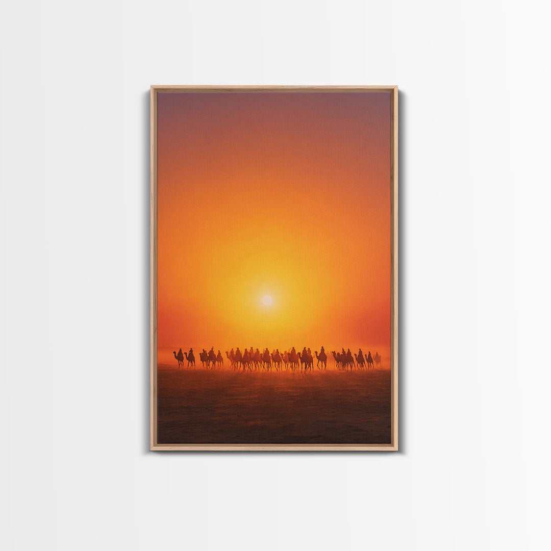 Sunset Camel Caravan Wall Art, African Safari Art, Orange Desert Landscape Poster, Statement Living Room Decor Gift For Him