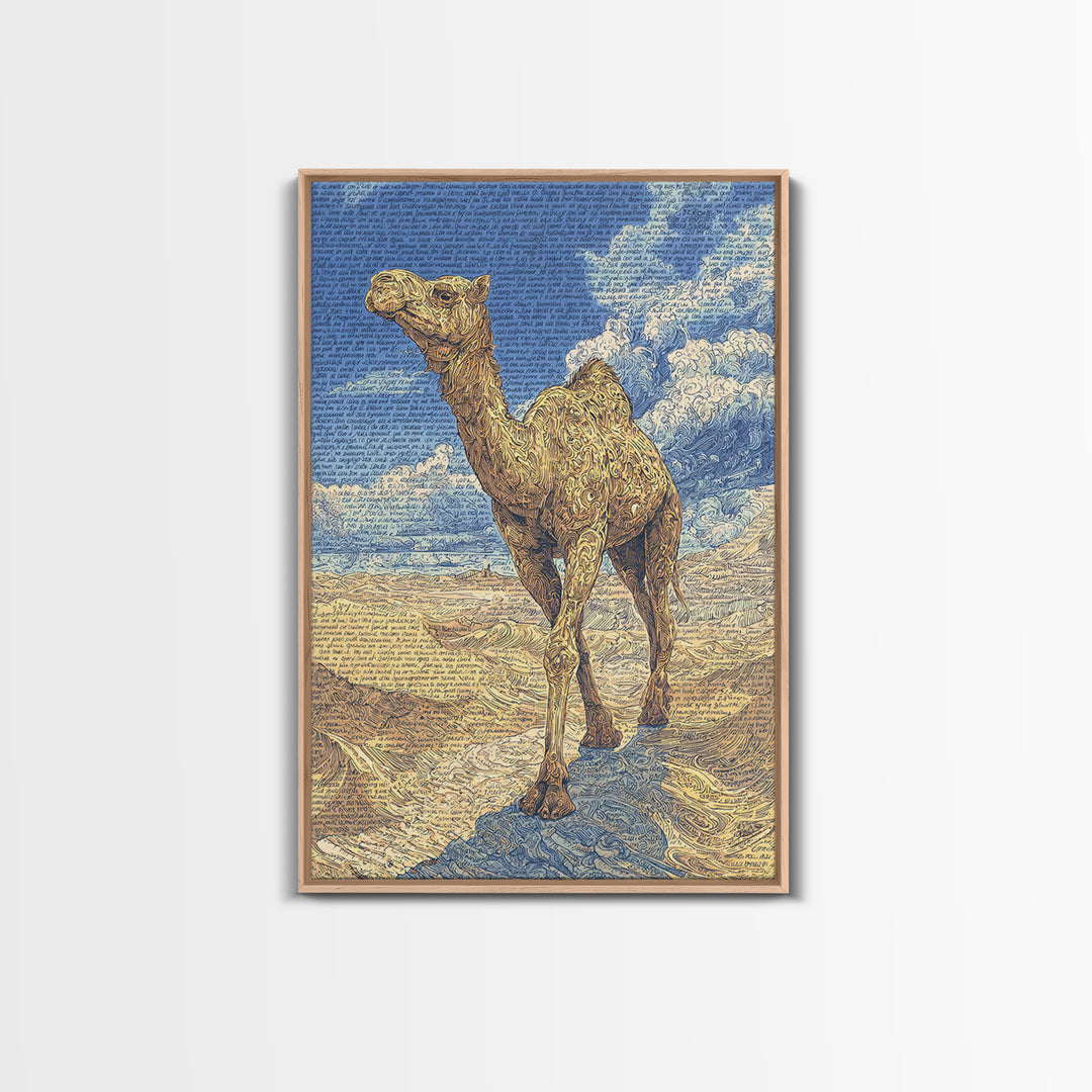 Detailed Camel Portrait Canvas Print, African Desert Landscape, Blue Gold Safari Art, Textured Art Print, Unique Wall Decor