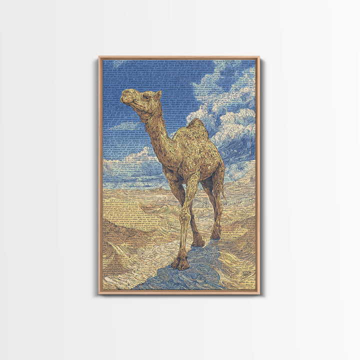 Detailed Camel Portrait Canvas Print, African Desert Landscape, Blue Gold Safari Art, Textured Art Print, Unique Wall Decor