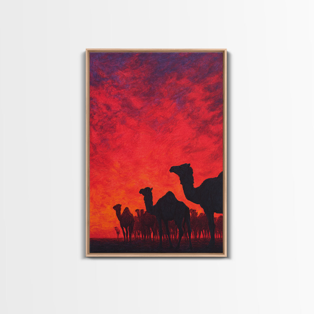 Fiery Red Camel Herd Wall Art, African Safari Art Print, Desert Sunset Poster, Bold Orange Home Decor, Statement Gift Set