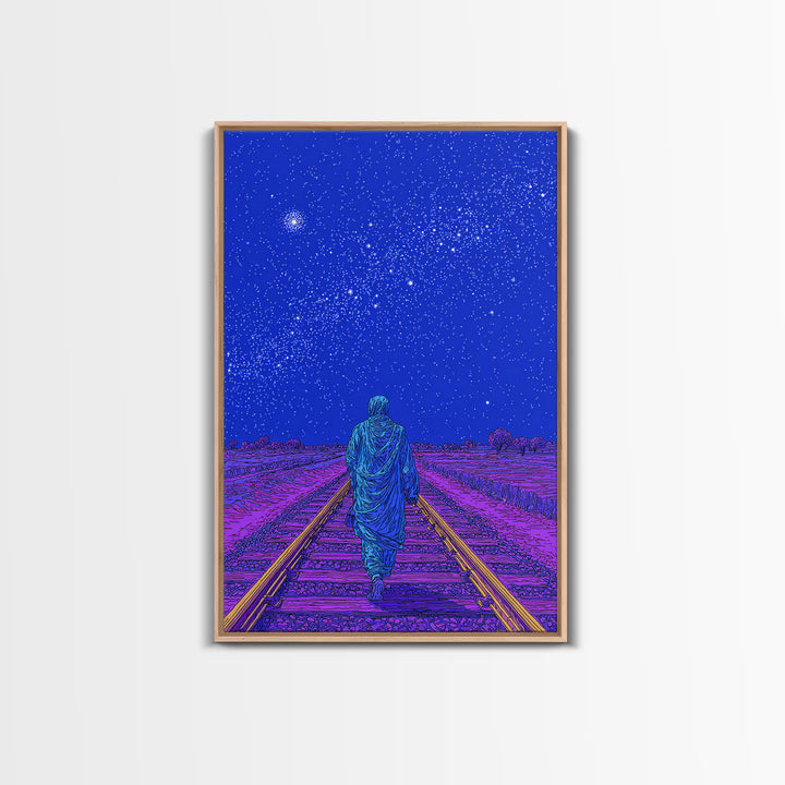 Lone Traveler On Neon Railroad Under Starry Sky Wall Art, Afrofuturism Canvas Print, Mystical Journey Decor, Blue Poster