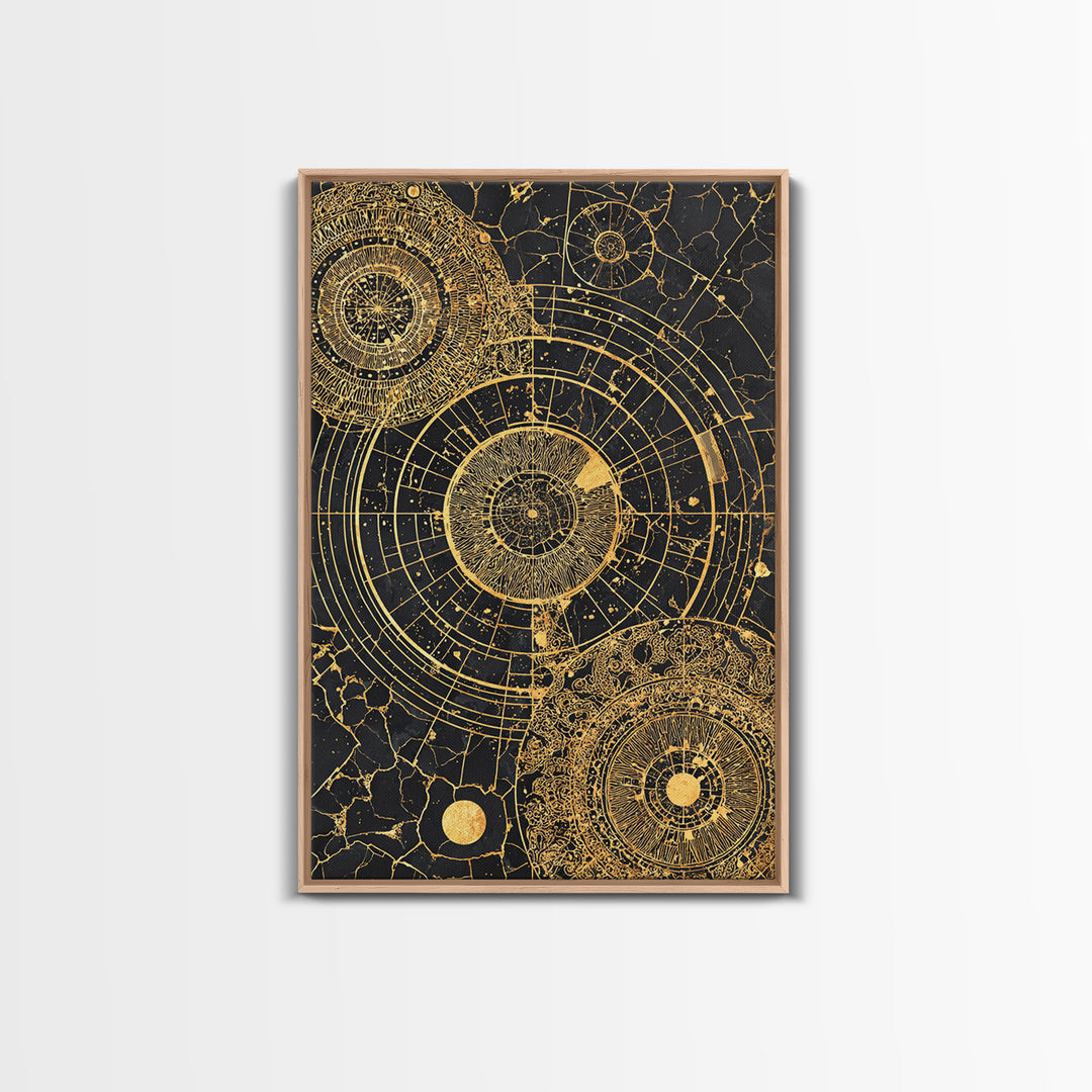 Gold Astronomical Circles On Black Stone Wall Art, Celestial Abstract Canvas Print, Luxury Geometric Decor, Modern Office Art