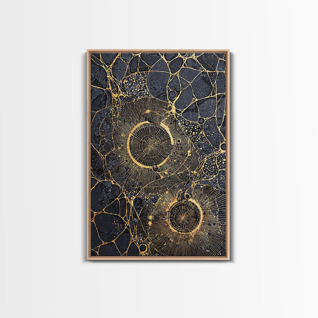 Black Gold Cellular Circles Abstract Wall Art, Textured Celestial Canvas Print, Luxury Modern Decor, Statement Office Art