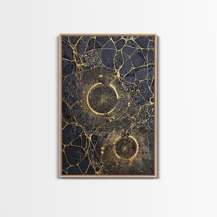 Black Gold Cellular Circles Abstract Wall Art, Textured Celestial Canvas Print, Luxury Modern Decor, Statement Office Art