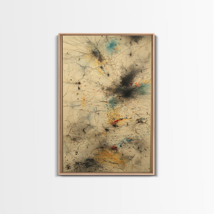 Smoky Beige Network Map Canvas Print, Abstract African Art Decor, Modern Office Wall Decor, Teal Black Gold Line Artwork