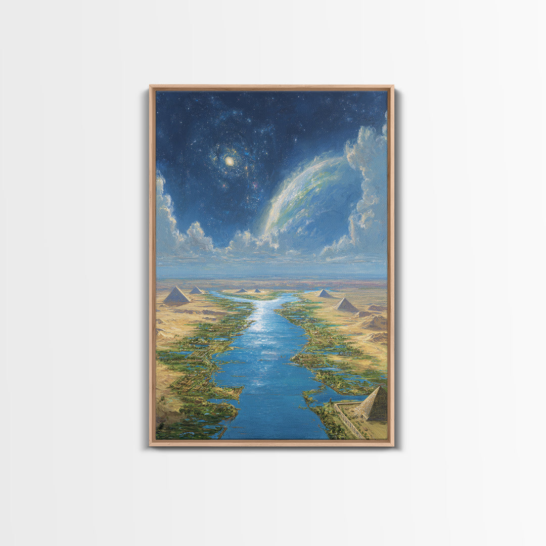 Cosmic Nile Pyramids Landscape Framed Canvas Print, African Egyptian Art, Desert River Wall Decor, Mystical Ancient Artwork