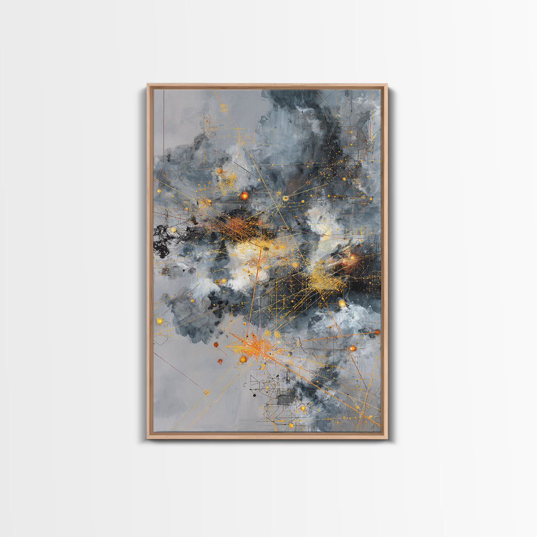 Stormy Gray Gold Network Canvas Print, Abstract African Art Decor, Modern Office Wall Art, Industrial Geometric Line Artwork