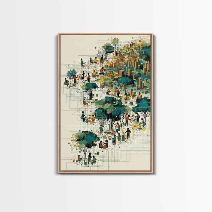 Vibrant African City Community Wall Art, Afrocentric Urban Landscape, Black Culture Art, Modern Teal Gold Decor Canvas Print