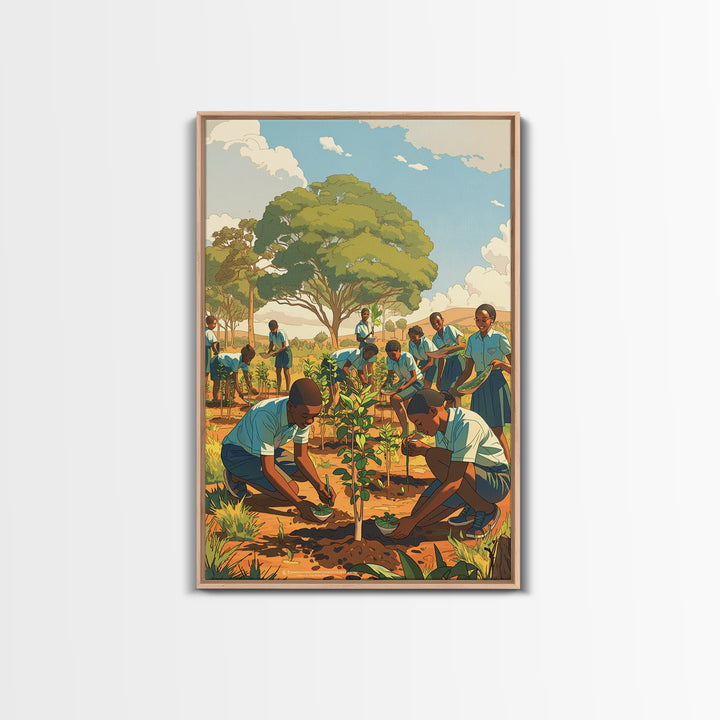 African School Garden Tree Planting Framed Canvas Print, Black Children Art, Community Nature Scene, Cultural Wall Decor