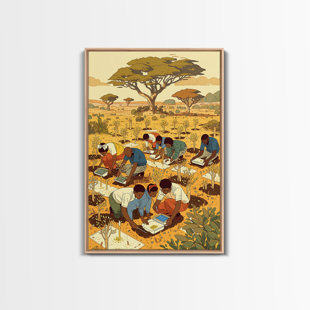 Children Planting Saplings In Golden Savanna Canvas Print, African Safari Art, Classroom Decor, Cultural Artwork Gift For Kids