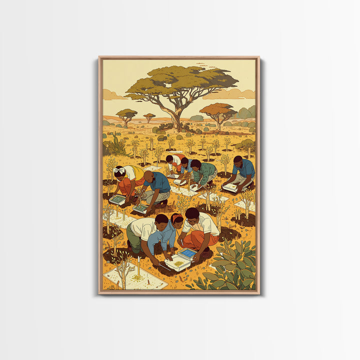 Children Planting Saplings In Golden Savanna Canvas Print, African Safari Art, Classroom Decor, Cultural Artwork Gift For Kids