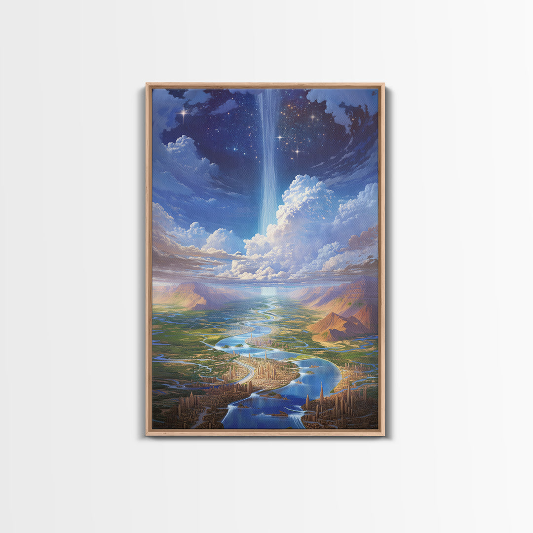 Celestial River City With Starry Waterfall Canvas Print, Dreamy Wall Art, Blue Home Decor Gift, Large Decor Art, Statement Wall Art