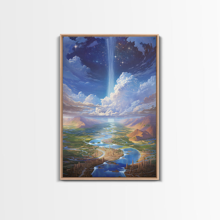 Celestial River City With Starry Waterfall Canvas Print, Dreamy Wall Art, Blue Home Decor Gift, Large Decor Art, Statement Wall Art
