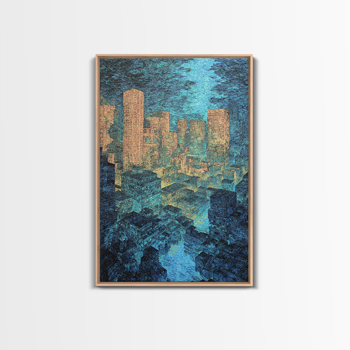 Textured Blue Gold City Skyline Wall Art, Modern Urban Office Decor, Contemporary Canvas, Luxury Canvas Art Print, Large Wall Art Prints