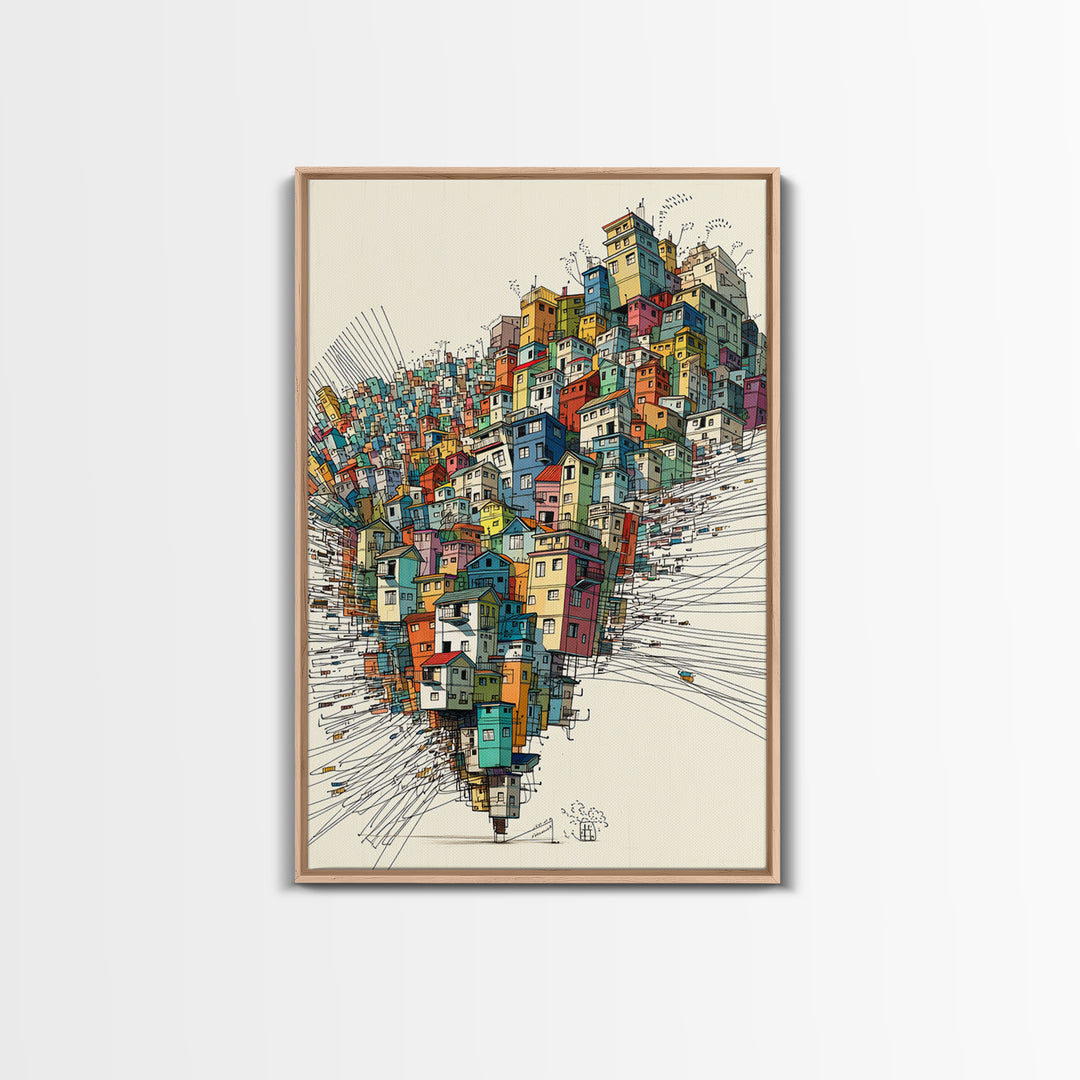 Stacked Colorful Hillside Houses Framed Canvas Print, Urban Wall Art, Geometric Design, Bold Home Decor Gift, Statement Wall Art