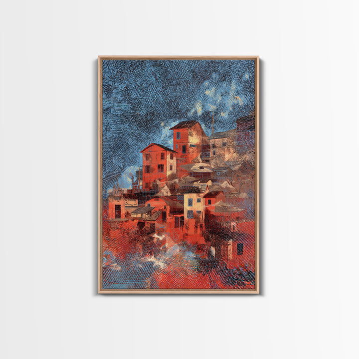 Red Hillside Village At Starry Night Canvas Print, Cozy Winter Wall Art, Rustic Decor, Unique Home Decor Gift, Orange Blue Painting