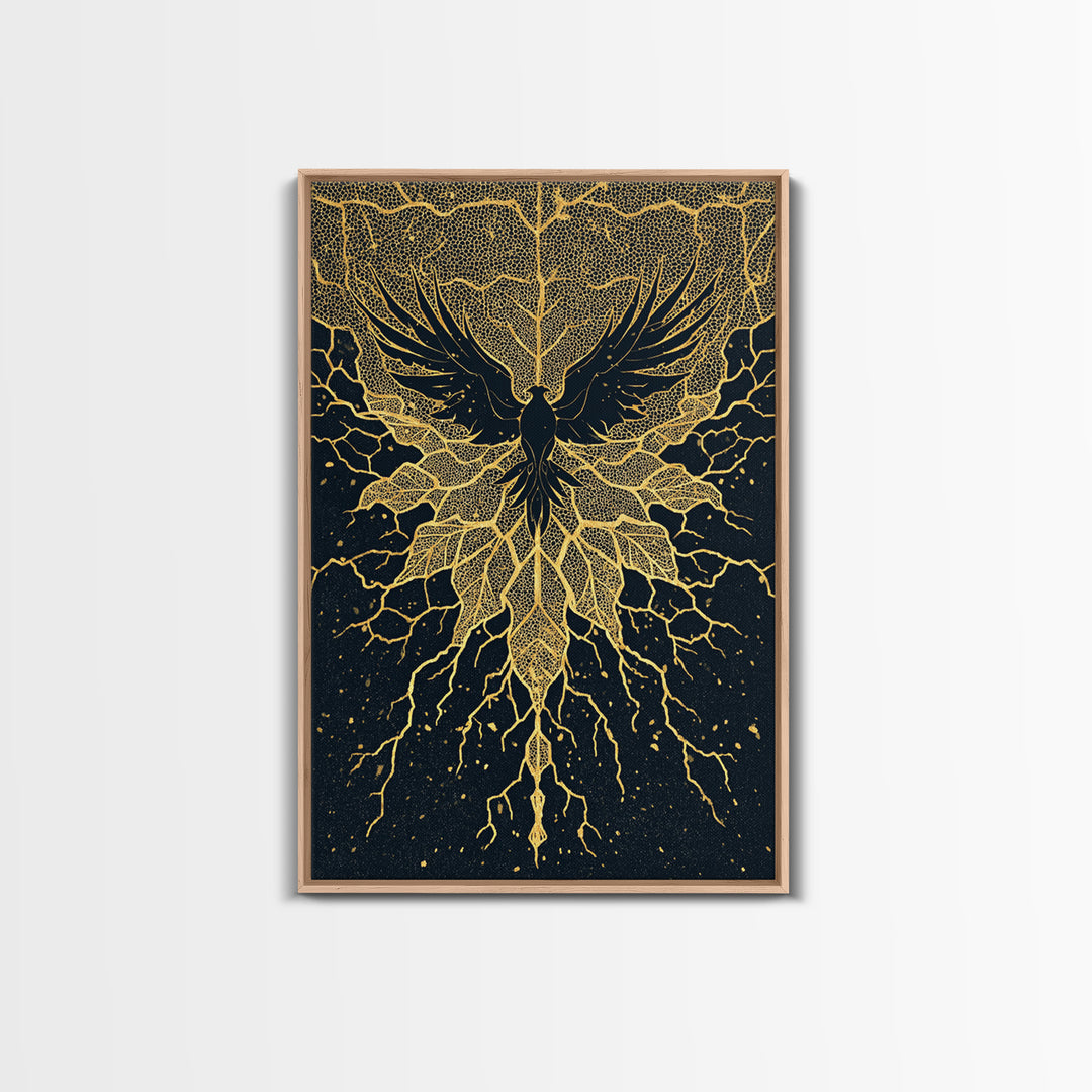 Black And Gold Bird With Roots Wall Art, Spiritual Wall Decor, Mystical Wall Art, Elegant Home Decor, Unique Canvas Art Print