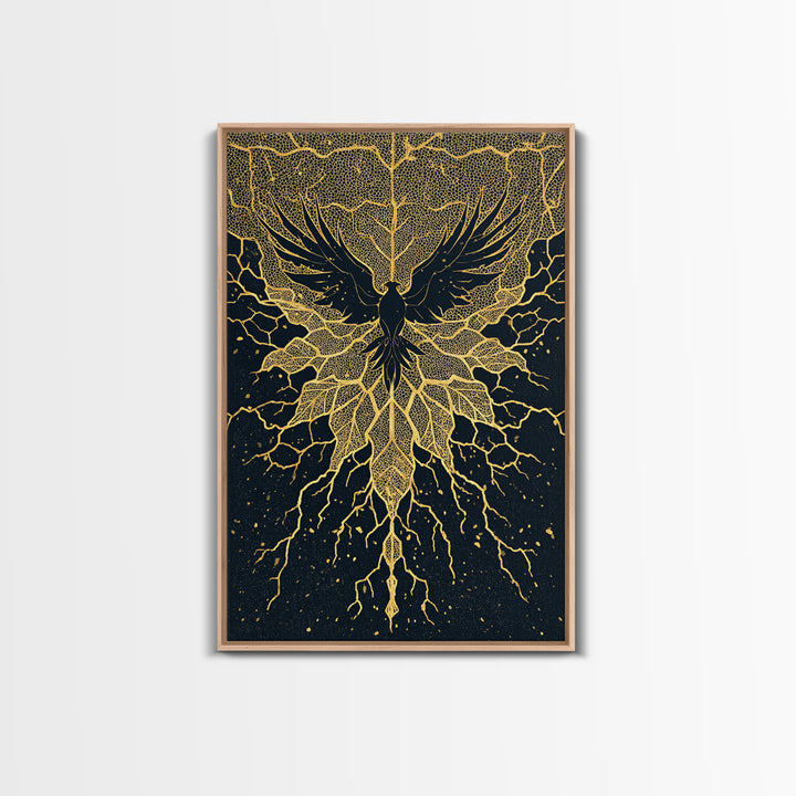 Black And Gold Bird With Roots Wall Art, Spiritual Wall Decor, Mystical Wall Art, Elegant Home Decor, Unique Canvas Art Print