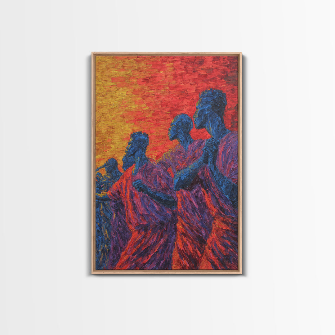 Blue African Figures At Sunset Wall Art, African Women Art, Cultural Art Print, Colorful African Art, Living Room Decor Gift