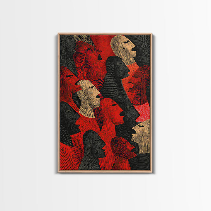 Red And Black Tribal Profile Faces, African Wall Art, Abstract African Art Print, Afrocentric Decor, Modern Canvas Print