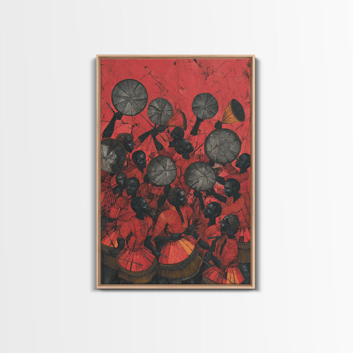 Red Drummers And Round Shields Celebration, African Wall Art, Tribal Art Print, Cultural Home Decor, Vibrant Canvas Print