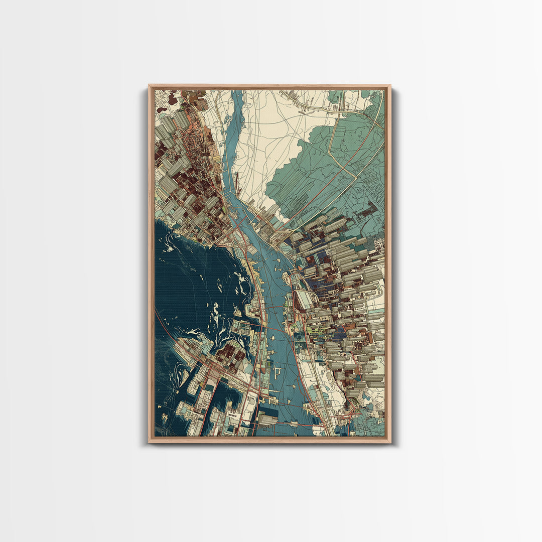 Aerial Coastal City Map With Blue Water, Urban Wall Art, Location Map Print, Modern Office Decor, Gallery Home Decor, Canvas Print