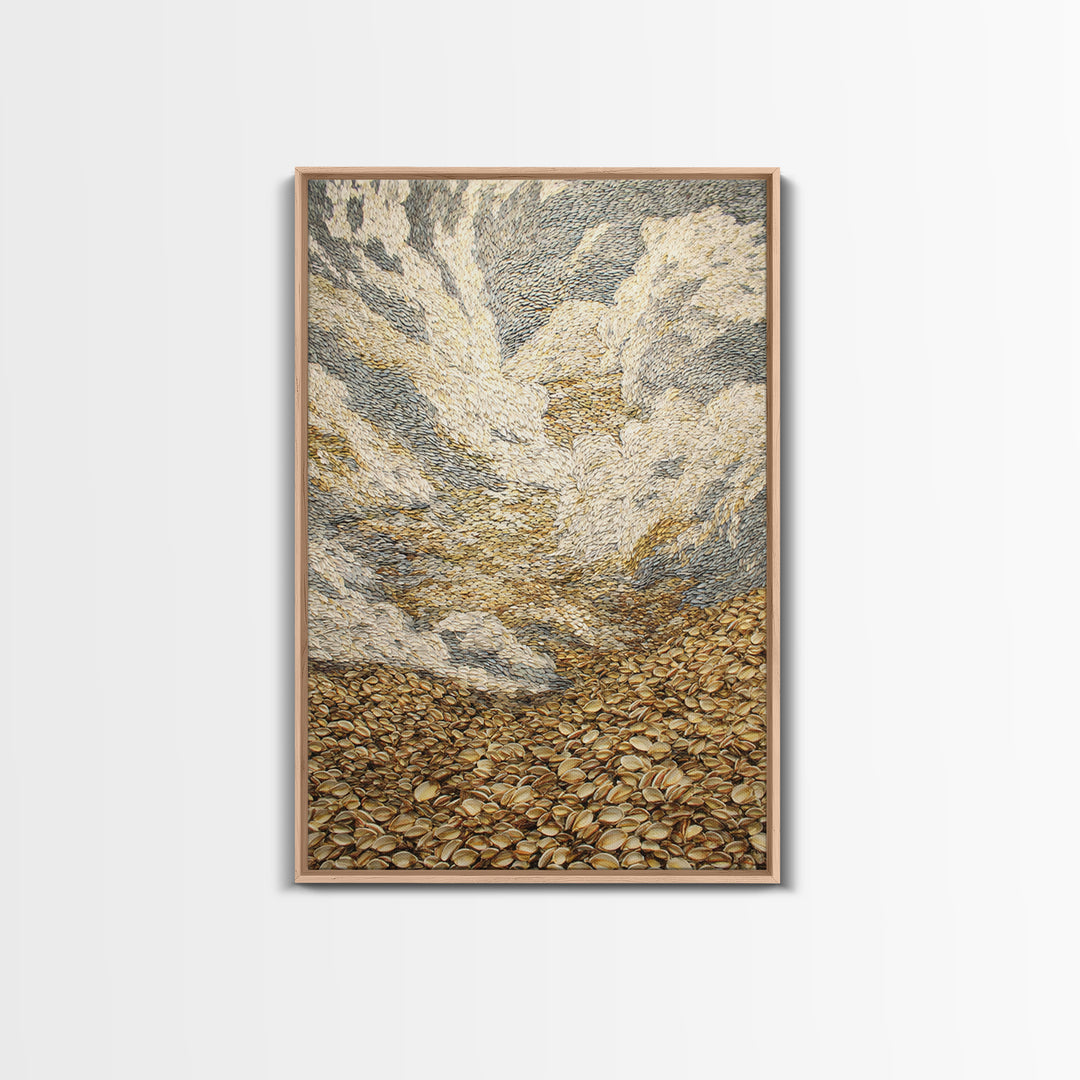 Golden Pebble Hills And Swirling Clouds, Nature Scene Wall Art, Earth Tone Art Print, Textured Boho Home Decor, Canvas Print