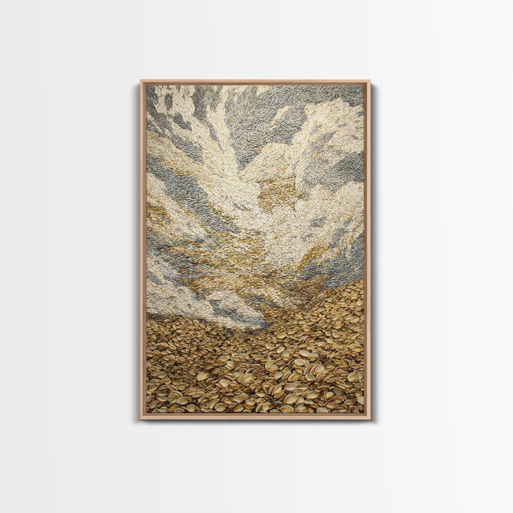 Golden Pebble Hills And Swirling Clouds, Nature Scene Wall Art, Earth Tone Art Print, Textured Boho Home Decor, Canvas Print