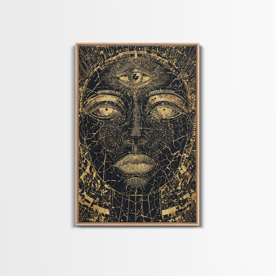 Golden Third Eye African Mask Face, African Wall Art, Ancient African Art Print, Black And Gold Mystical Decor, Canvas Print