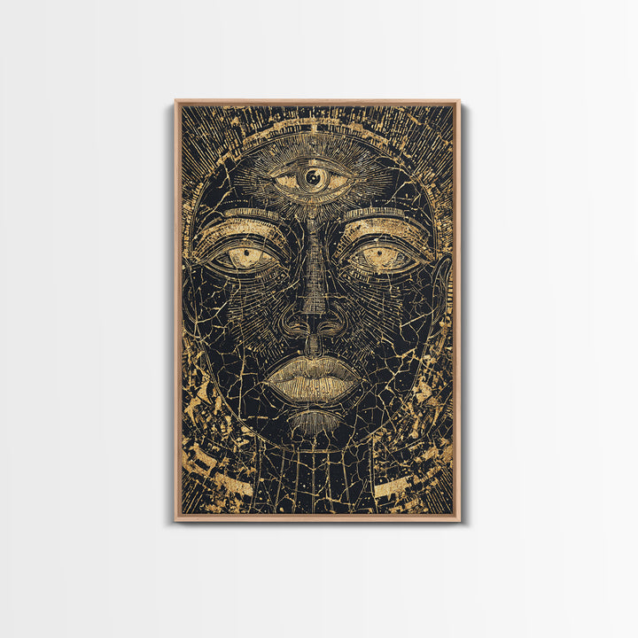 Golden Third Eye African Mask Face, African Wall Art, Ancient African Art Print, Black And Gold Mystical Decor, Canvas Print