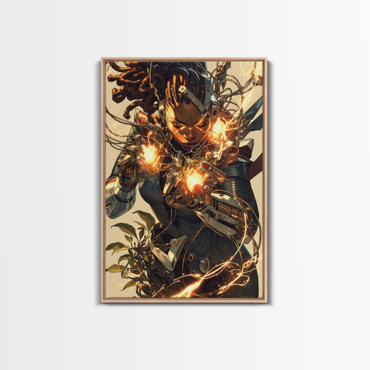 Cyberpunk African Warrior Woman Framed Canvas Print, Afrofuturism Wall Decor, Black Girl Magic, Futuristic Energy Art Gift
