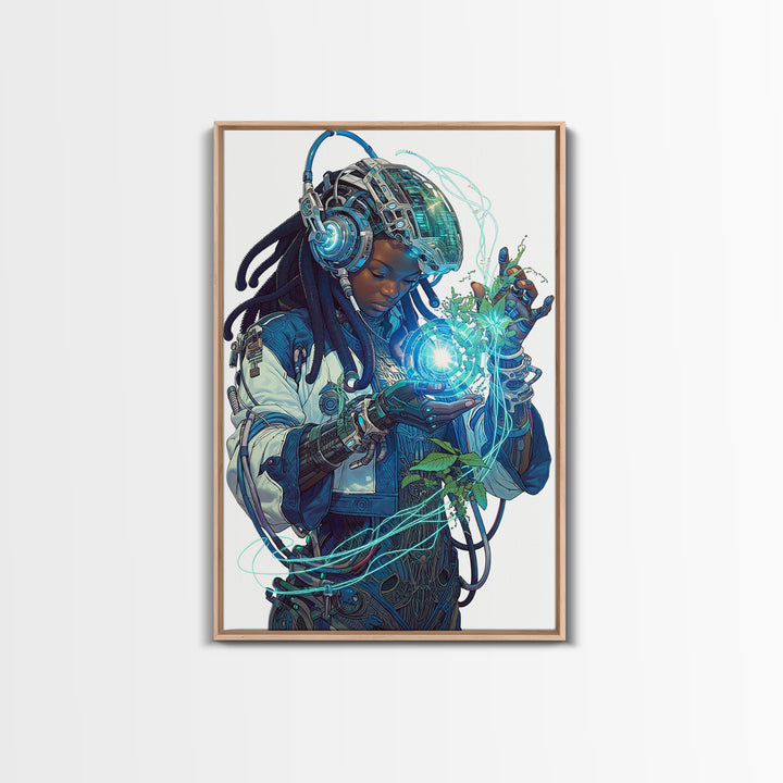 Futuristic African Woman With Glowing Orb Canvas Print, Afrofuturism Decor, Black Female Art, Botanical Tech Wall Art Gift