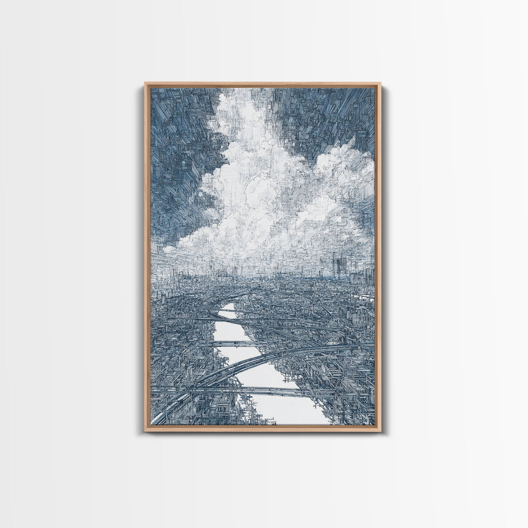 Intricate City River Cloud Wall Art, Blue Gray Urban Landscape Print, Modern Architecture Decor, Large Living Room Art Gift