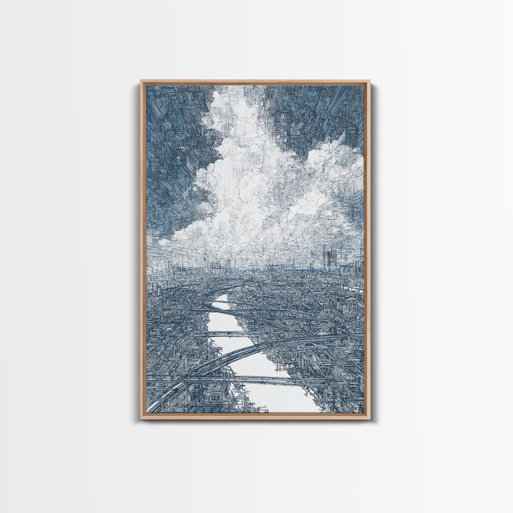 Intricate City River Cloud Wall Art, Blue Gray Urban Landscape Print, Modern Architecture Decor, Large Living Room Art Gift