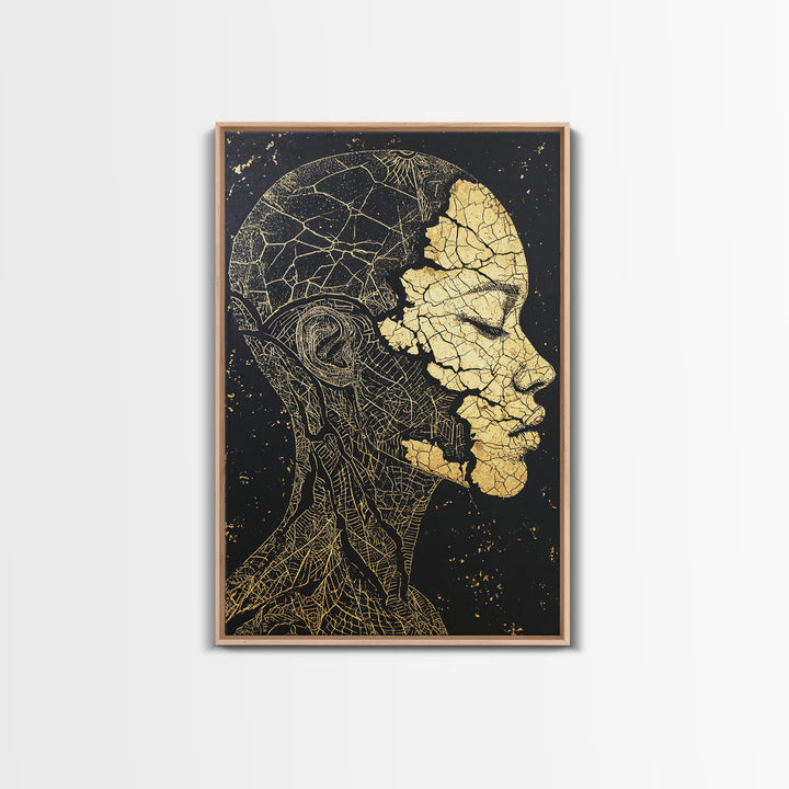 Gold Anatomical Profile Framed Canvas Print, Abstract Face Art, Black And Gold Wall Decor, Luxury Modern Portrait Gift For Him