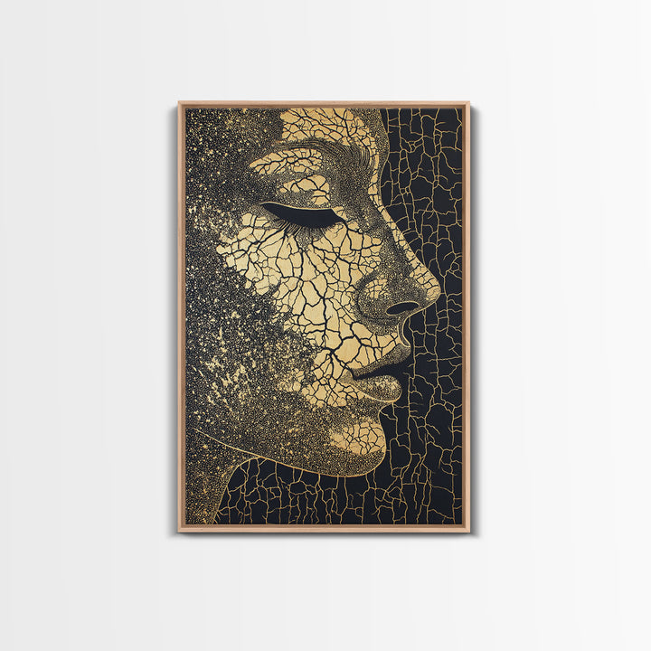 Golden Cracked African Woman Profile Wall Art, Elegant Black And Gold Portrait, Modern Afrocentric Luxury Canvas Decor Gift