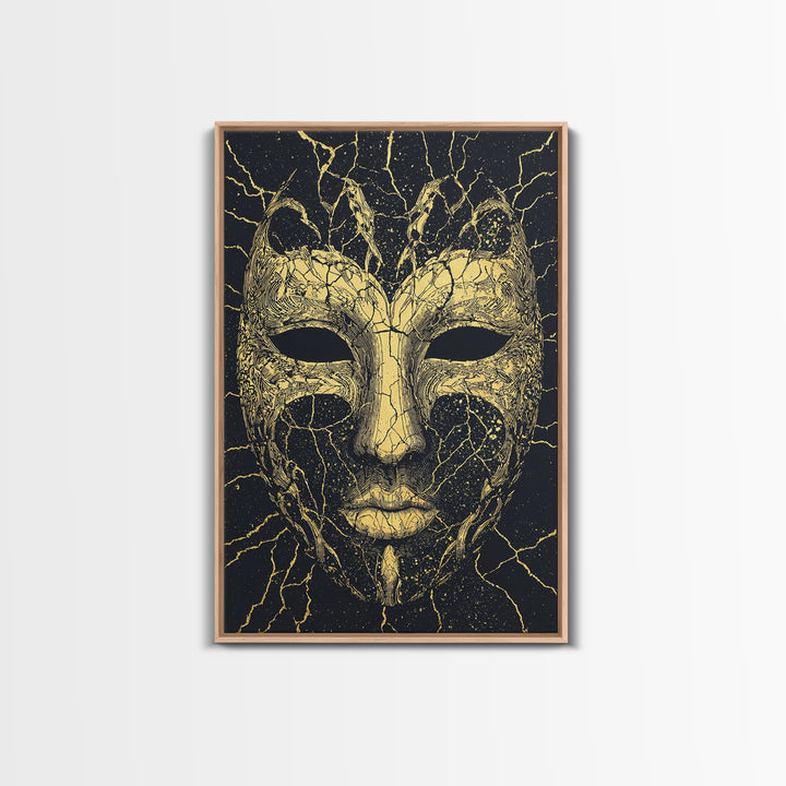 Gold African Mask Canvas Print, Black Cracked Tribal Face Art, Mystical Afrocentric Wall Decor, Unique Statement Gift For Home