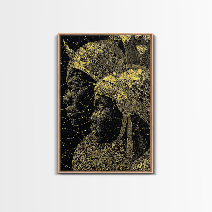 Black And Gold African Queen Profiles Framed Canvas Print, Afrocentric Wall Decor, Tribal Portrait, Elegant Home Art, Luxury Gift